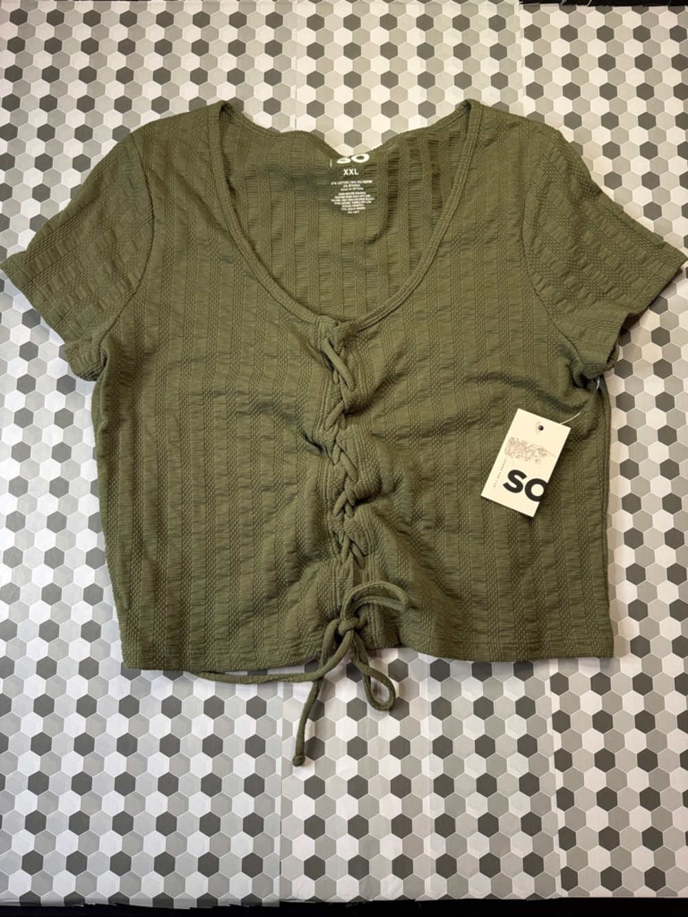 SO Olive Green Front Lace-Up Ribbed Crop Top